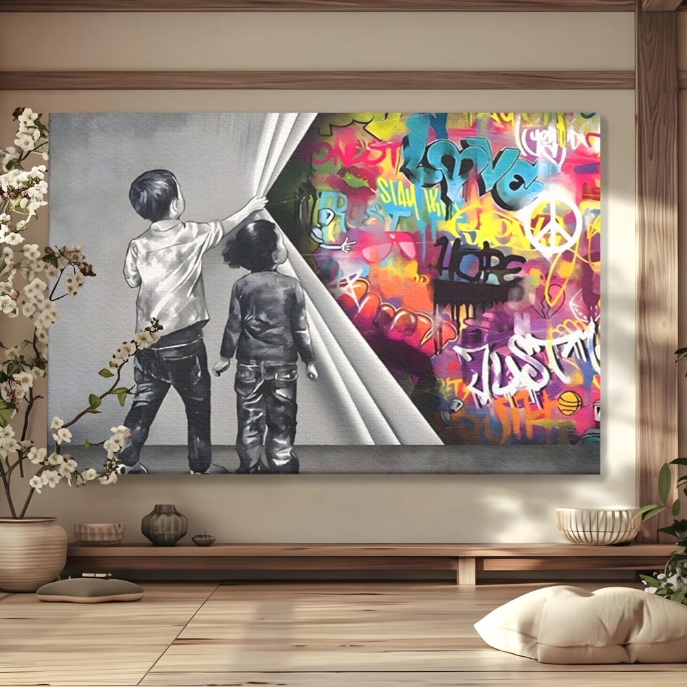 Tablou canvas cu tablou canvas cu copii si perete grafitti, fara rama, pe sasiu de lemn